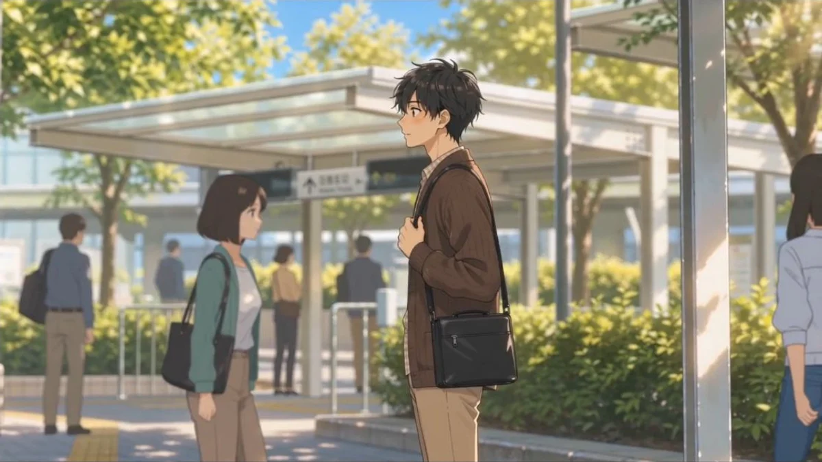 緑と陽光に包まれた駅前で人物が立つ、映画的なアニメーションの一場面