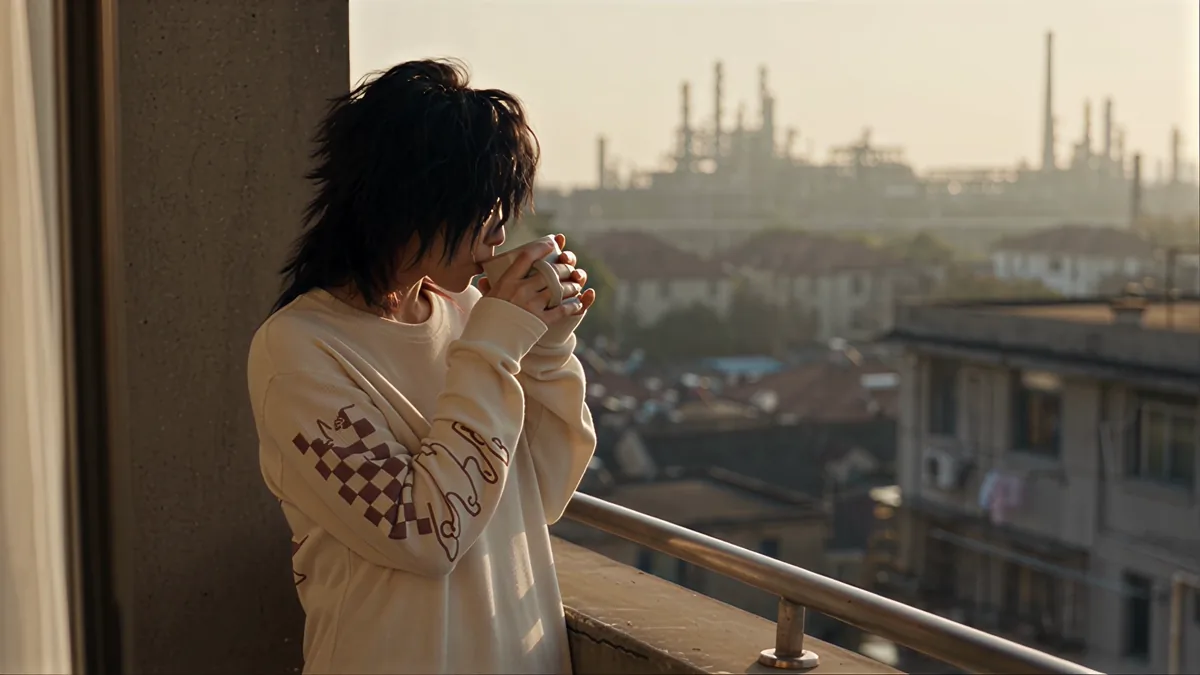 朝の逆光が差すバルコニーでカップを持つ人物の実写的な映像表現サンプル