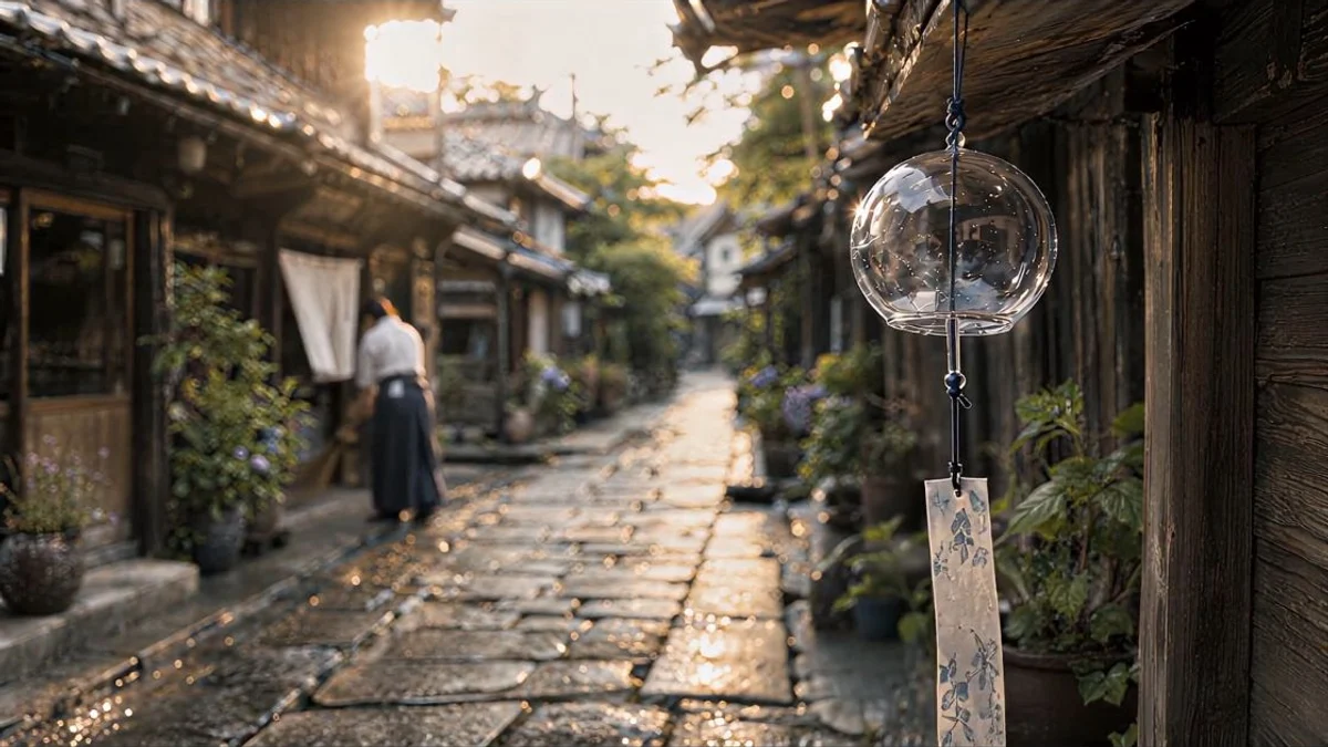 夕方の光が差す町並みと、軒先で揺れる風鈴